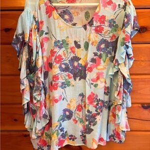 Zac & Rachel Light Blue Floral Ruffle Sleeve Top